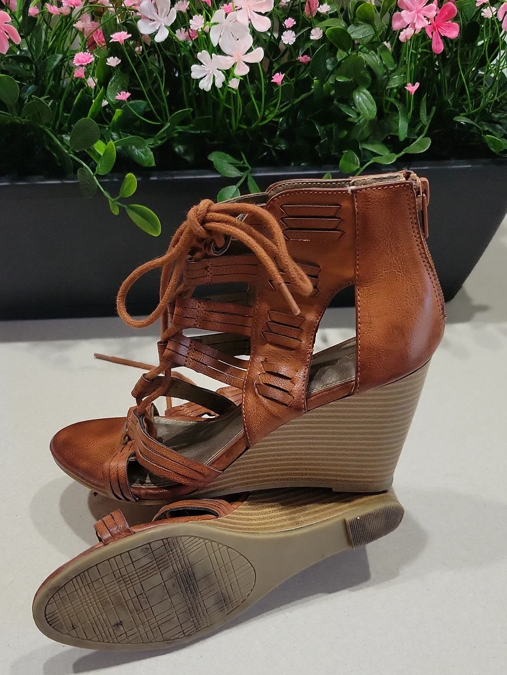 Rampage Tan Strappy Lace-Up Wedge Sandals